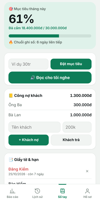 Sổ tay: mục tiêu, công nợ, giấy tờ